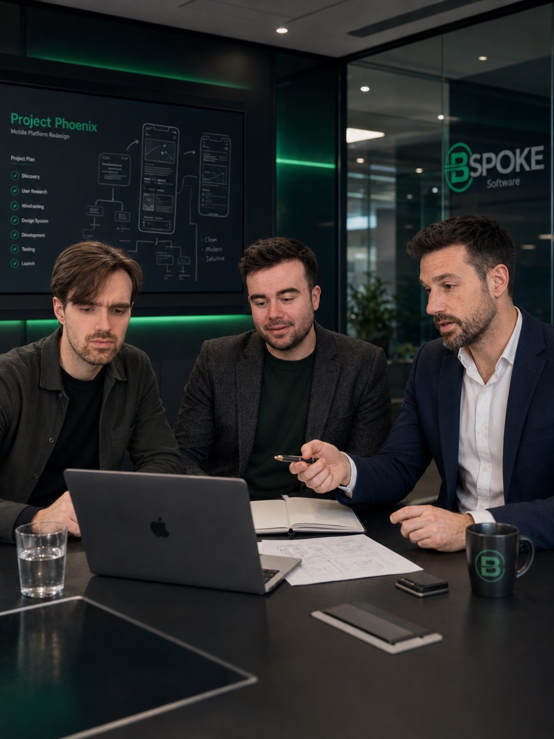 BSPOKE developers collaborating around a laptop